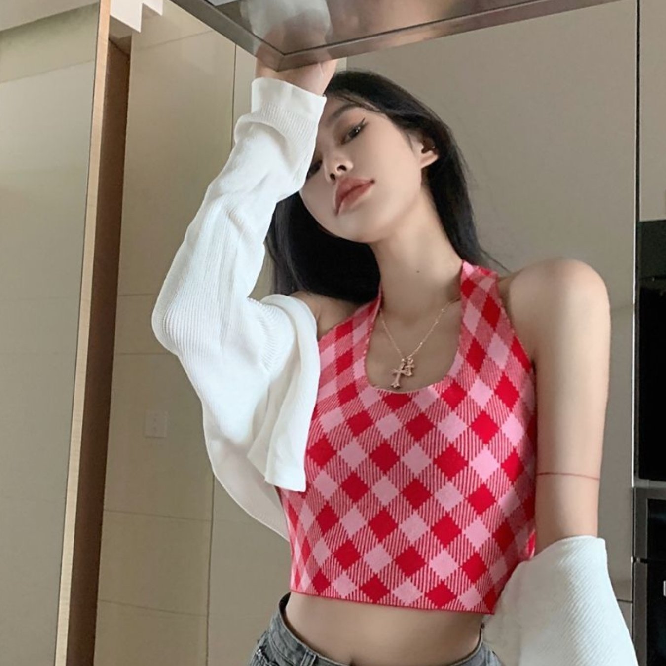 Women's Red and White Gingham Halter Crop Top - Sleeveless, Backless, Asymmetrical Cut, Summer Streetwear Tank Top, Ladies Tank Tops