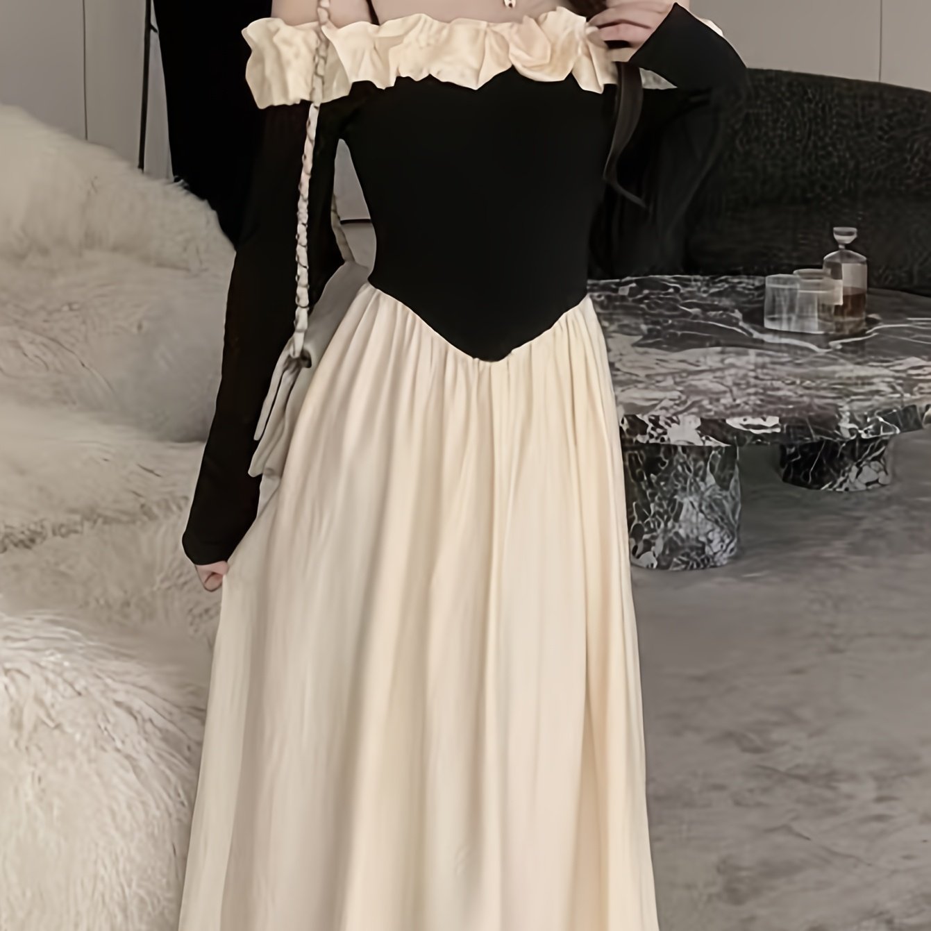 Cute Polyester Dress Polyester Off-the-Shoulder Long Sleeve Dress | Cute Exaggerated Ruffle and Fit and Flare Silhouette - Perfect for Adult Spring\u002FSummer\u002FFall