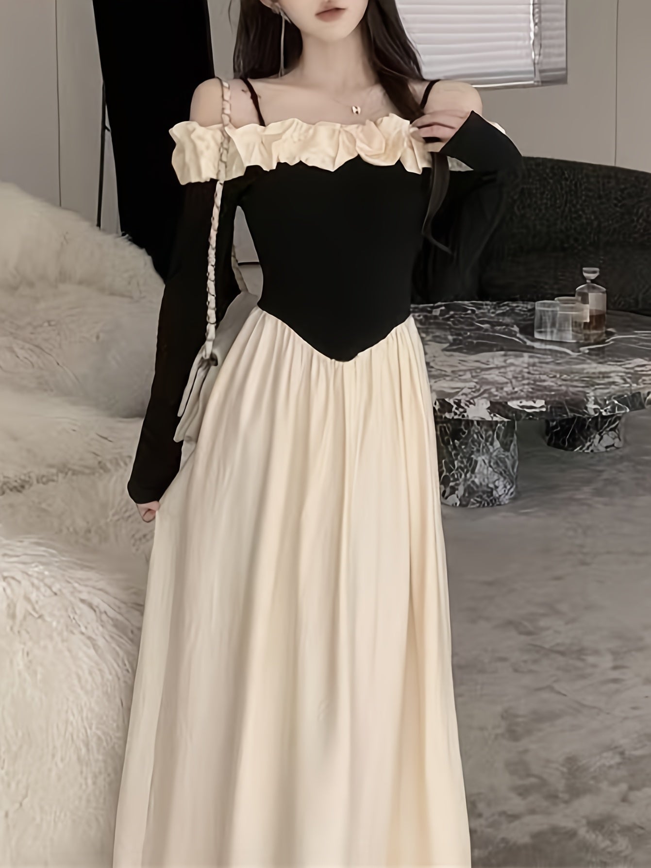 Cute Polyester Dress Polyester Off-the-Shoulder Long Sleeve Dress | Cute Exaggerated Ruffle and Fit and Flare Silhouette - Perfect for Adult Spring\u002FSummer\u002FFall