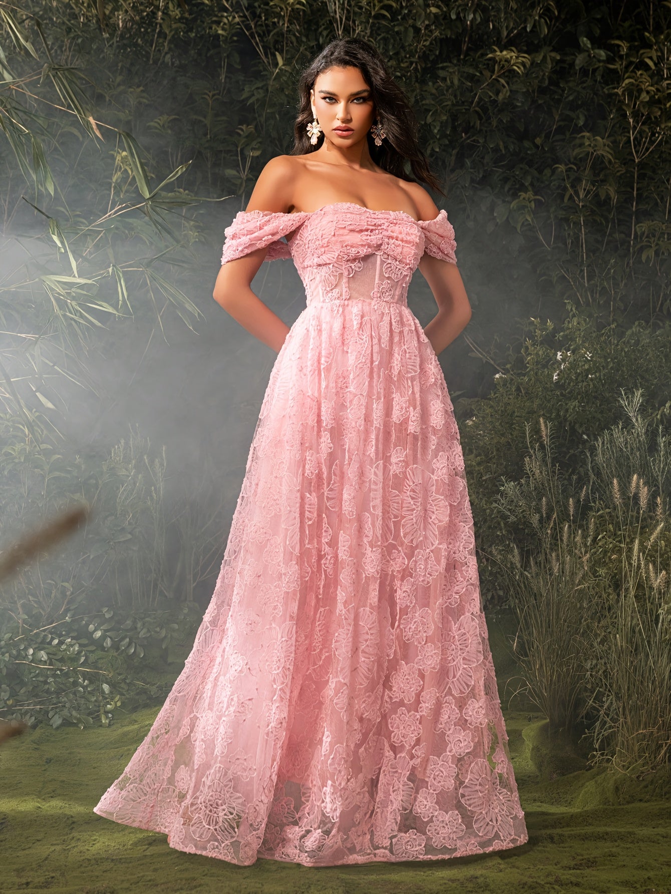 Elegant Off-Shoulder Pink Floral Mesh Gown with Ruffled Sleeves and Train - Perfect for Weddings, Parties, and Formal Events, Formal Event Dress | Offshoulder Dress | Polyester Fabric