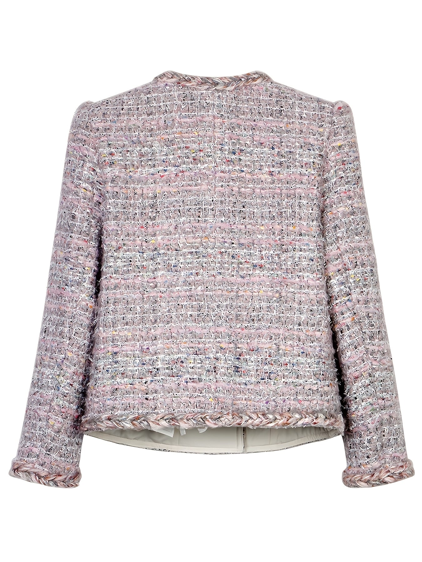Women'S Casual H-Shaped Multi-Yarn Woven Jacket, Long Sleeves, Polyester And Spandex Blend, Plaid Pattern, Non-Waterproof, Regular Fit, Single-Breasted Round Neck Tweed Jacket Top