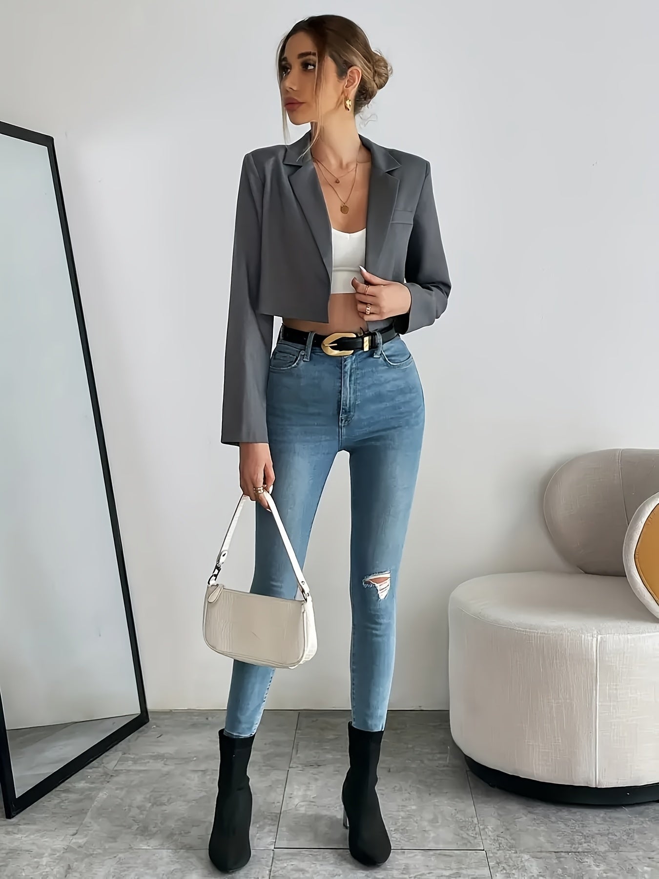 Women'S Stylish Gray Single-Breasted Blazer - Long Sleeve, Cropped Fit, Polyester, Casual to Semi-Formal Wear, Casual Wear Blazer | Cropped Blazer | Polyester Blazer