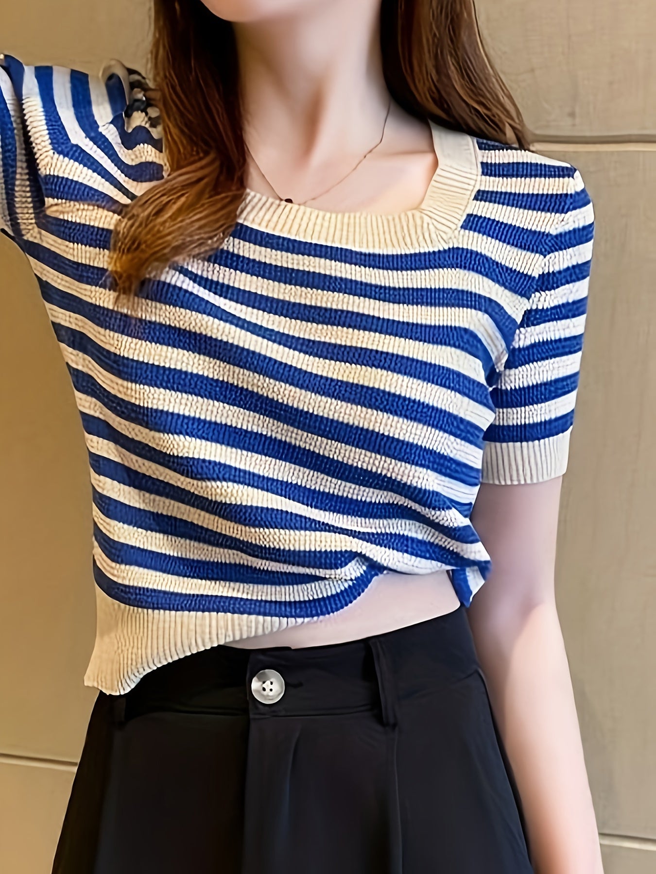 Striped Pattern Square Neck Top, Spring Summer Casual Short Sleeve Blouse, Women's Clothing