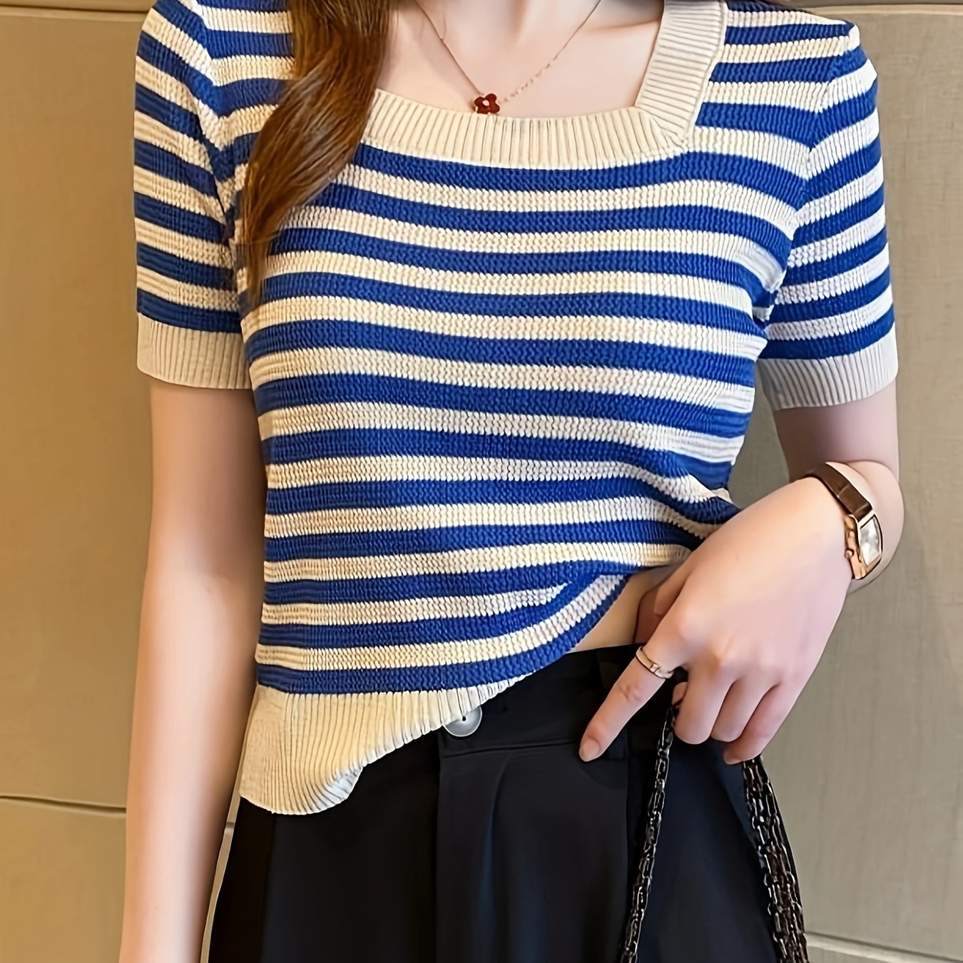 Striped Pattern Square Neck Top, Spring Summer Casual Short Sleeve Blouse, Women's Clothing