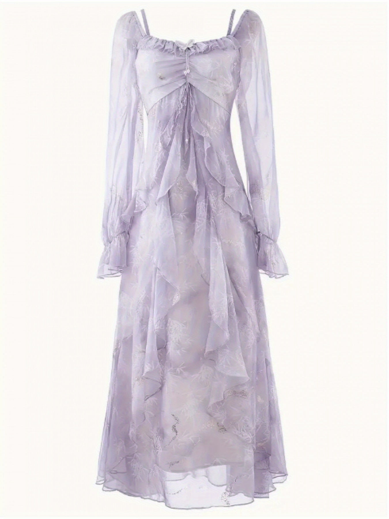 Elegant Gray-Blue Ombre Ruffled Long Sleeve Dress with Princess Sleeves & Square Neckline - Bodycon Floor-Length Summer Dress for Women, Machine Washable