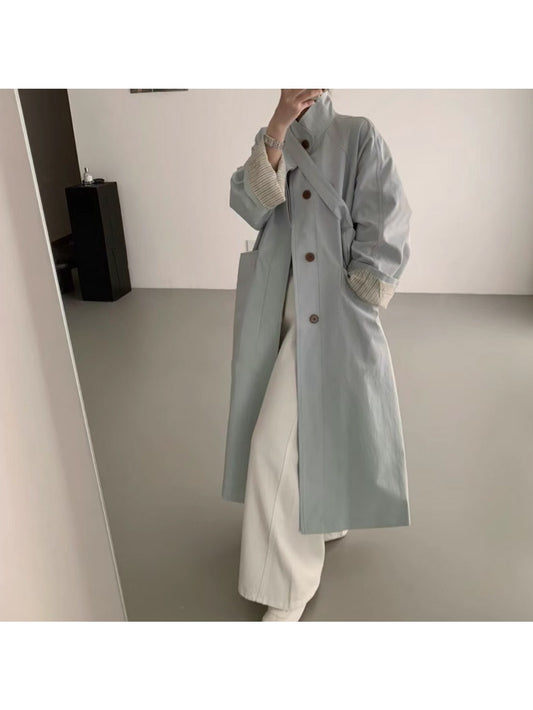 Women's Korean-Style Oversized Trench Coat - Beige with Dark Brown Button Closure, Belt-Accent Collar, All-Season Long Coat for Petite & Short Women, Casual to Professional Wear (Hand Washable, 2025 New Model) by Ding Darwin