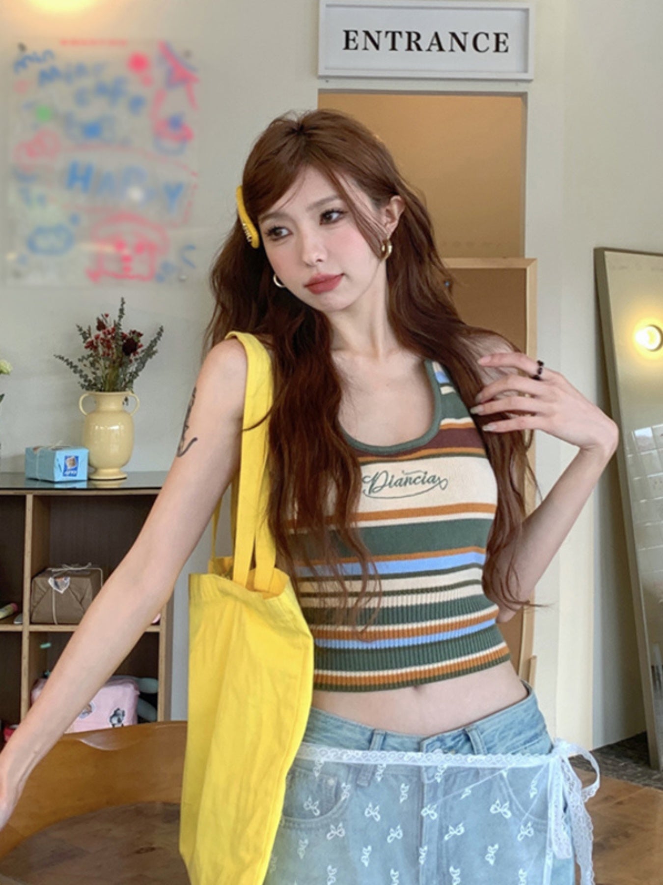 Women's Retro Halter Neck Cami Top - Open Back Knit Striped Tank with Multi-Color Block Design, Breathable Sleeveless Party & Casual Tops for Spring Summer Fall, Summer Fashion | Offshoulder Fashion | Soft Texture, Ladies Tank Tops