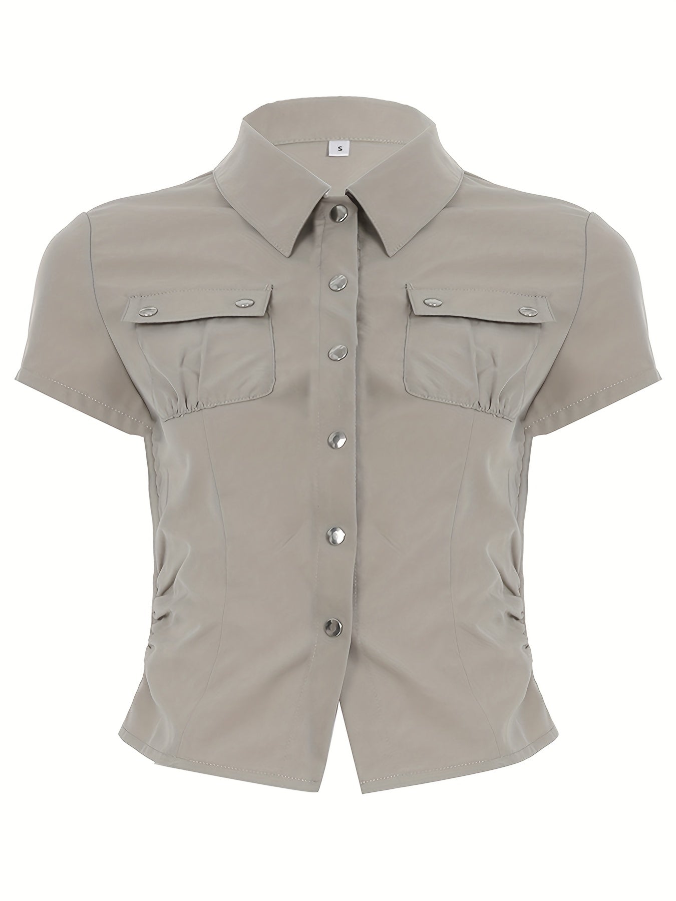 Women's Retro Cargo Shirt with Multiple Pockets & Snap Closure - Short Sleeve Button-Up Summer Top, Breathable Fabric, Machine Washable, Casual Streetwear Style, Casual Attire, Nontransparent Fabric, Structured Design