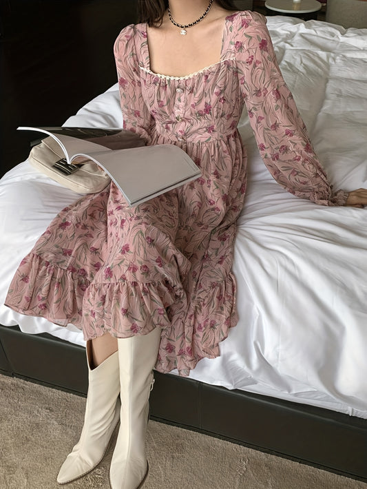 Spring Women's Vintage Floral Print Square Neck Dress - Pink Roses on Lavender, Long Sleeve Loose Fit Midi Dress with Faux Buttons, Breathable Spring\u002FSummer Casual to Semi-Formal Wear, Floral Print Dress, Evening Wear Style