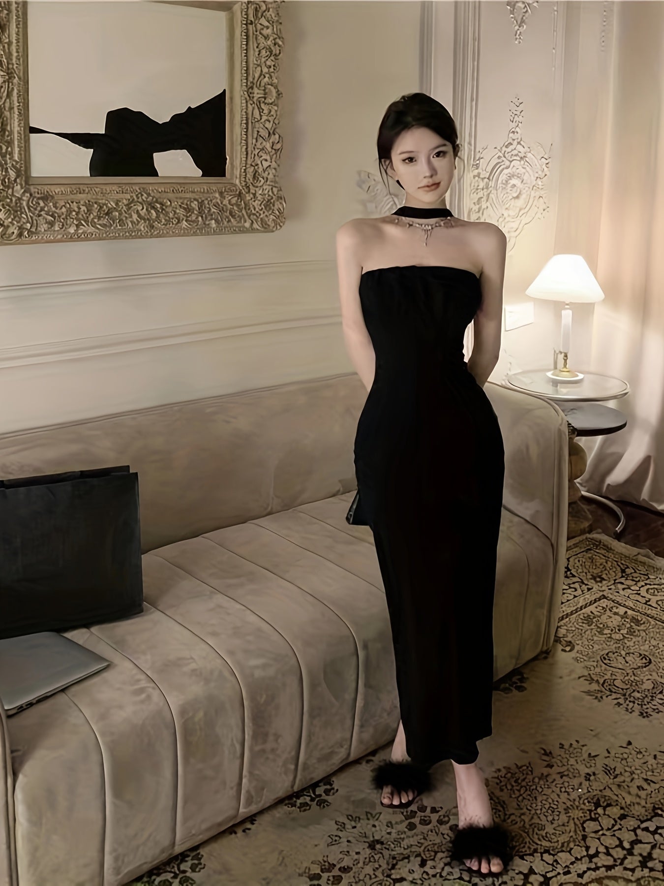 Black Bodycon Dress Sleeveless Backless Elegant Black Bodycon Dress | Halter Neck with Bow Detail, Split Thigh Midi for Women, Perfect for Spring\u002FSummer, Tight Fitted