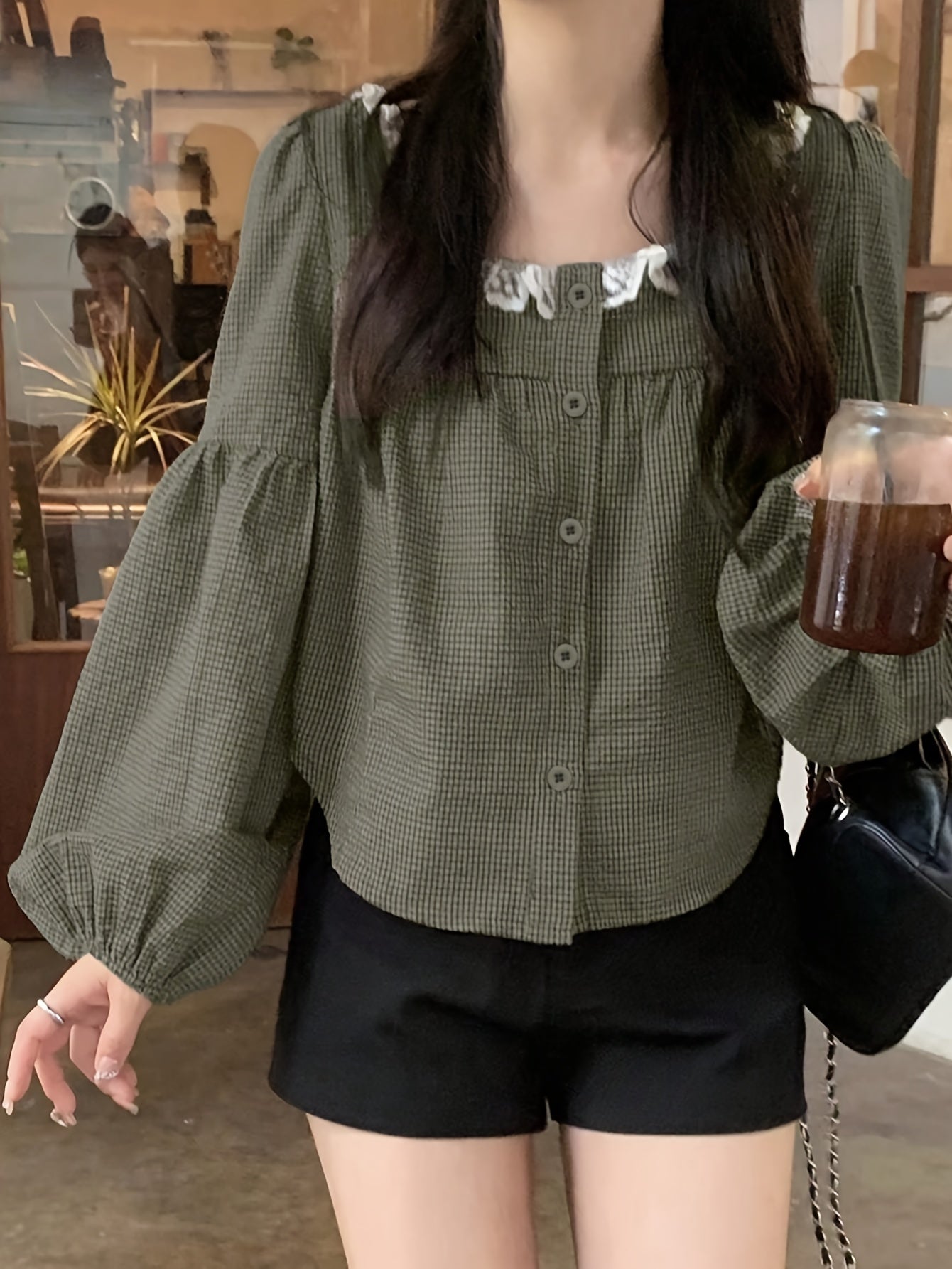 Vintage Plaid Square Neck Top with Sweet Contrast Lace Inserts for Spring, Summer and Autumn Women's Shirt
