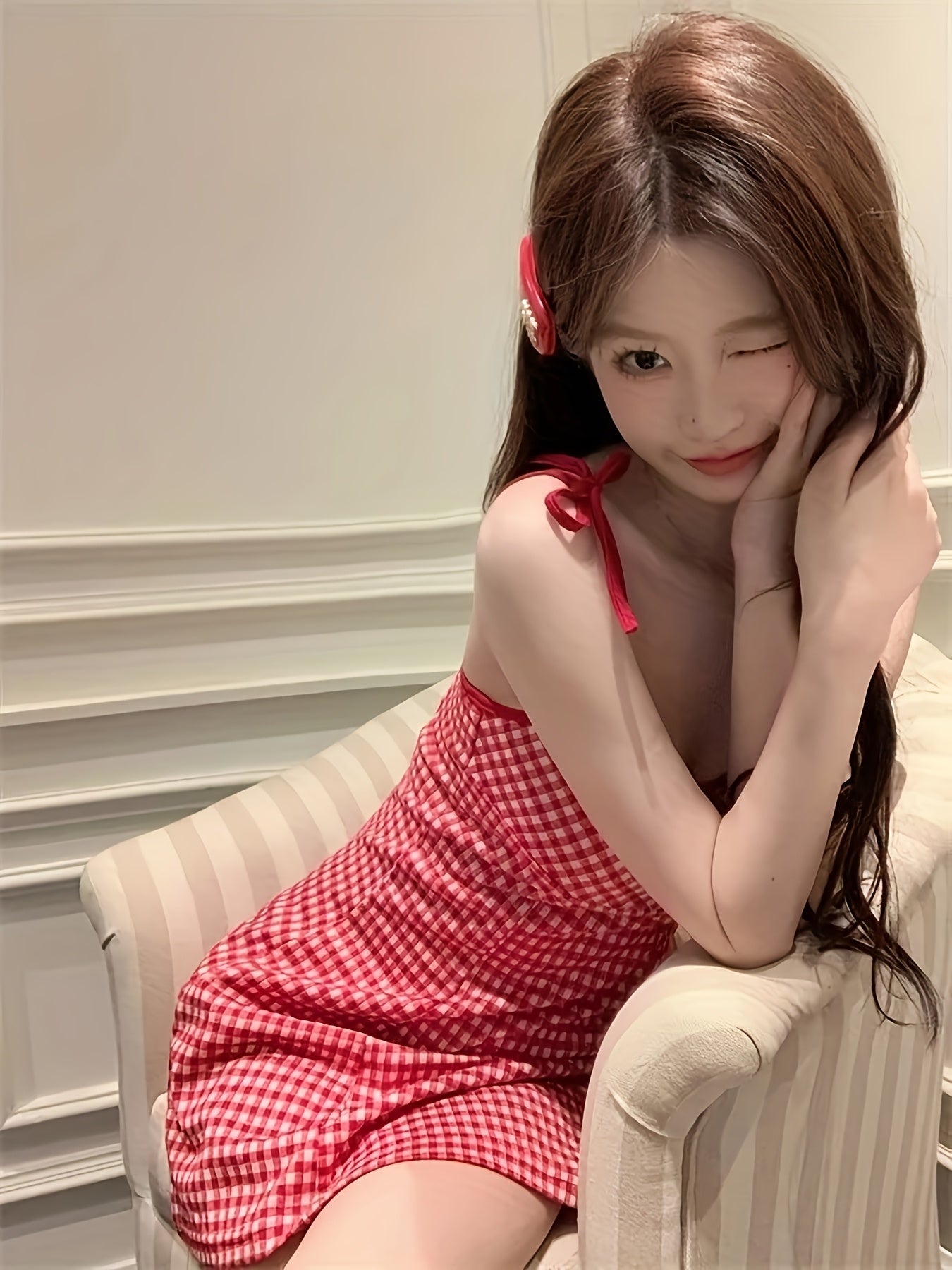 Women's Sweet Red & White Gingham Check A-Line Dress with Spaghetti Strap - Short to Mid-Length Flared Skirt, Round Neck Casual Summer Dress for Teens & Women, Machine Washable Outfit for Birthdays, Picnics & Casual Attire