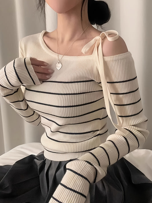 Women's Chic Off-Shoulder Sweater T-Shirt - Black & White Horizontal Stripes, Adjustable Drawstring Neckline, Medium Stretch Top for Fall\u002FWinter, Elegant Casual Everyday Formal Outfits, Fall Fashion, Comfortable Fit