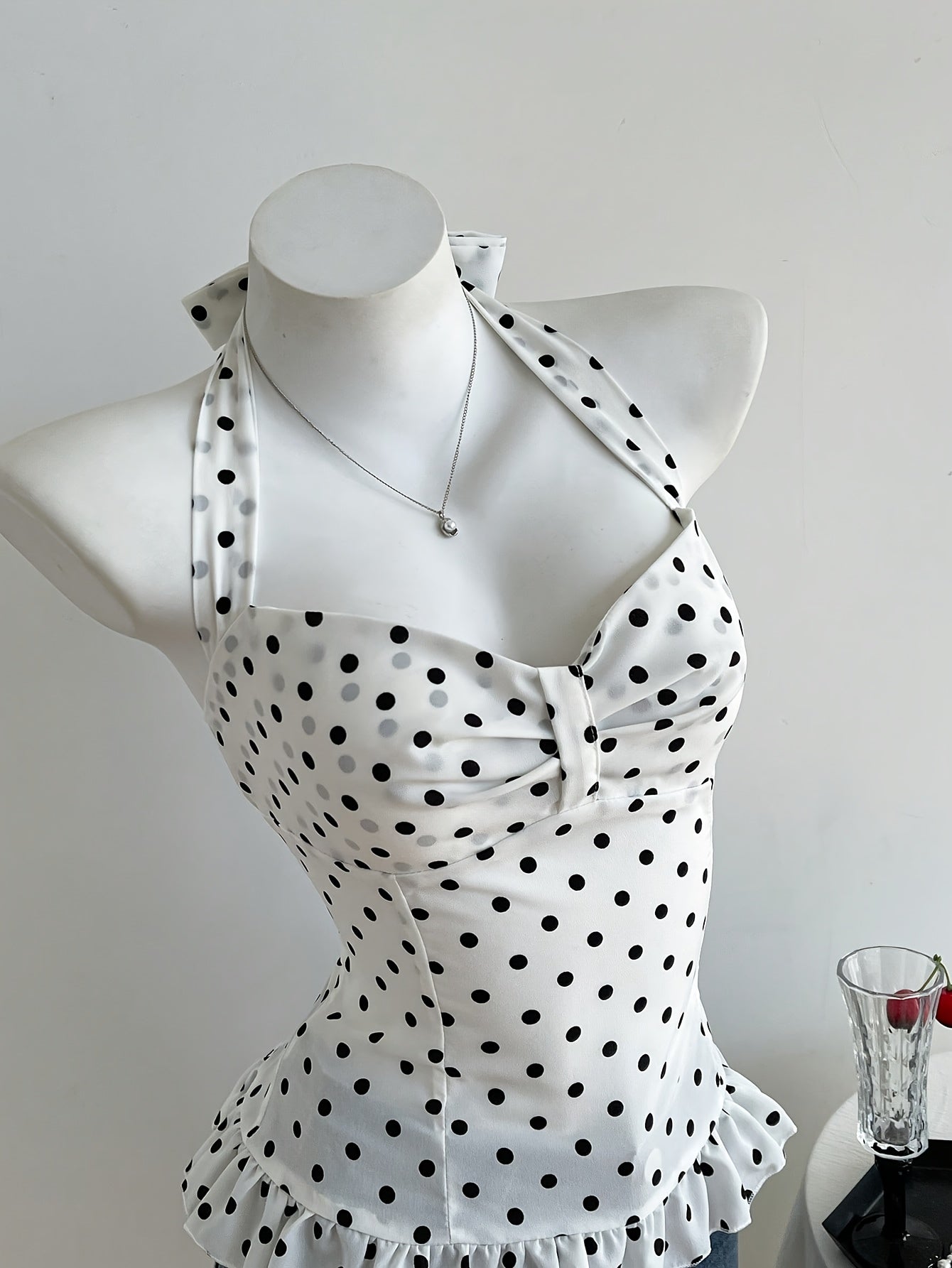 Black & White Contrast Women's Summer Halter Top with Polka Dots & Ruffle Detail - Sleeveless, Asymmetrical Hem, Casual Beachwear, Beachwear Top | Ruffle Detail Top | Stretchy Fabric