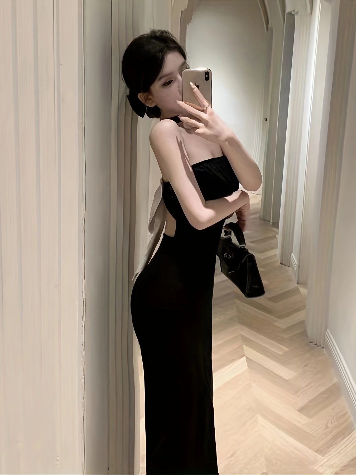 Black Bodycon Dress Sleeveless Backless Elegant Black Bodycon Dress | Halter Neck with Bow Detail, Split Thigh Midi for Women, Perfect for Spring\u002FSummer, Tight Fitted