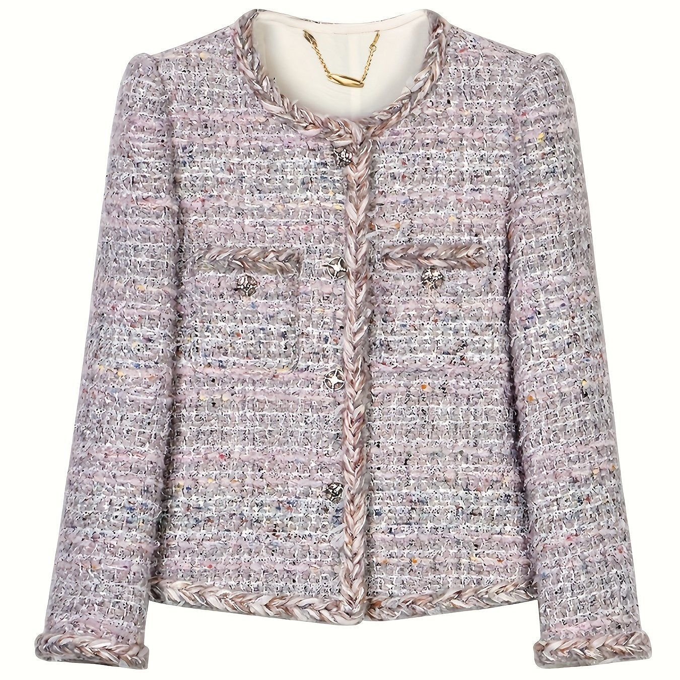 Women'S Casual H-Shaped Multi-Yarn Woven Jacket, Long Sleeves, Polyester And Spandex Blend, Plaid Pattern, Non-Waterproof, Regular Fit, Single-Breasted Round Neck Tweed Jacket Top