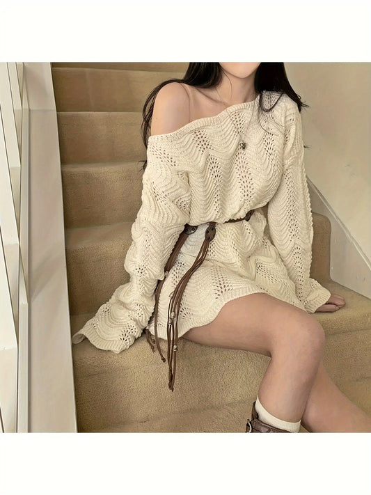 Women's Asymmetric Shoulder Design Loose Versatile Dress with Belt TJ22729