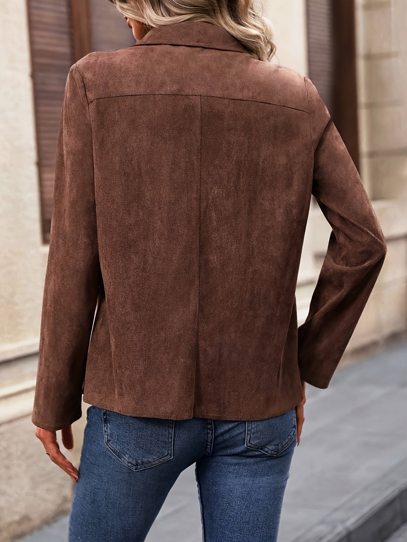 Women's Slim-Fit Brown Lapel Jacket - Elegant Short Suit Coat, H-Line Tailored Blazer, Machine-Washable All-Season Outerwear for, Office & Casual Wear, Structured Lapel Collar (No Belt) - Small Suit Style