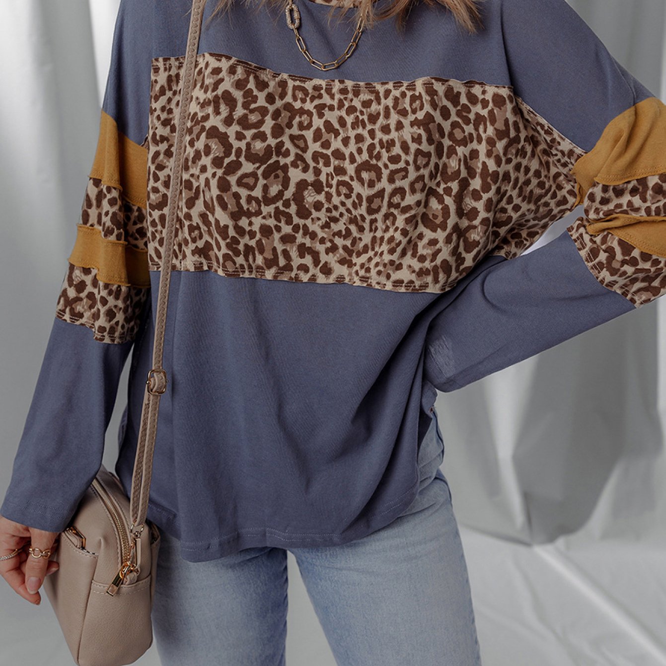 Women's Leopard Print Faux Collar Sweatshirt - Elegant Irregular Hem Long Sleeve Crewneck Pullover, Beige\u002FBrown\u002FTaupe Winter Sweater for Fall & Winter, Casual to Dressy Outfits (No-Stretch Fabric)