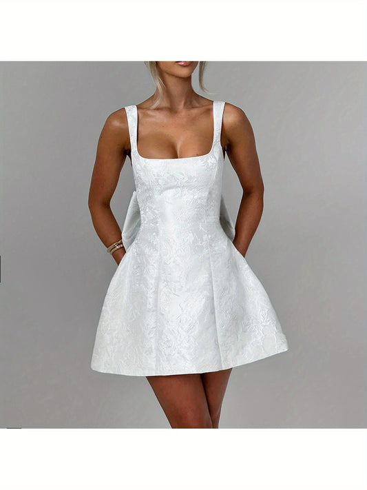 New Summer Bodycon Dress Socialite Style Elegant Sexy Slim Fit Square Neck Bow Dress