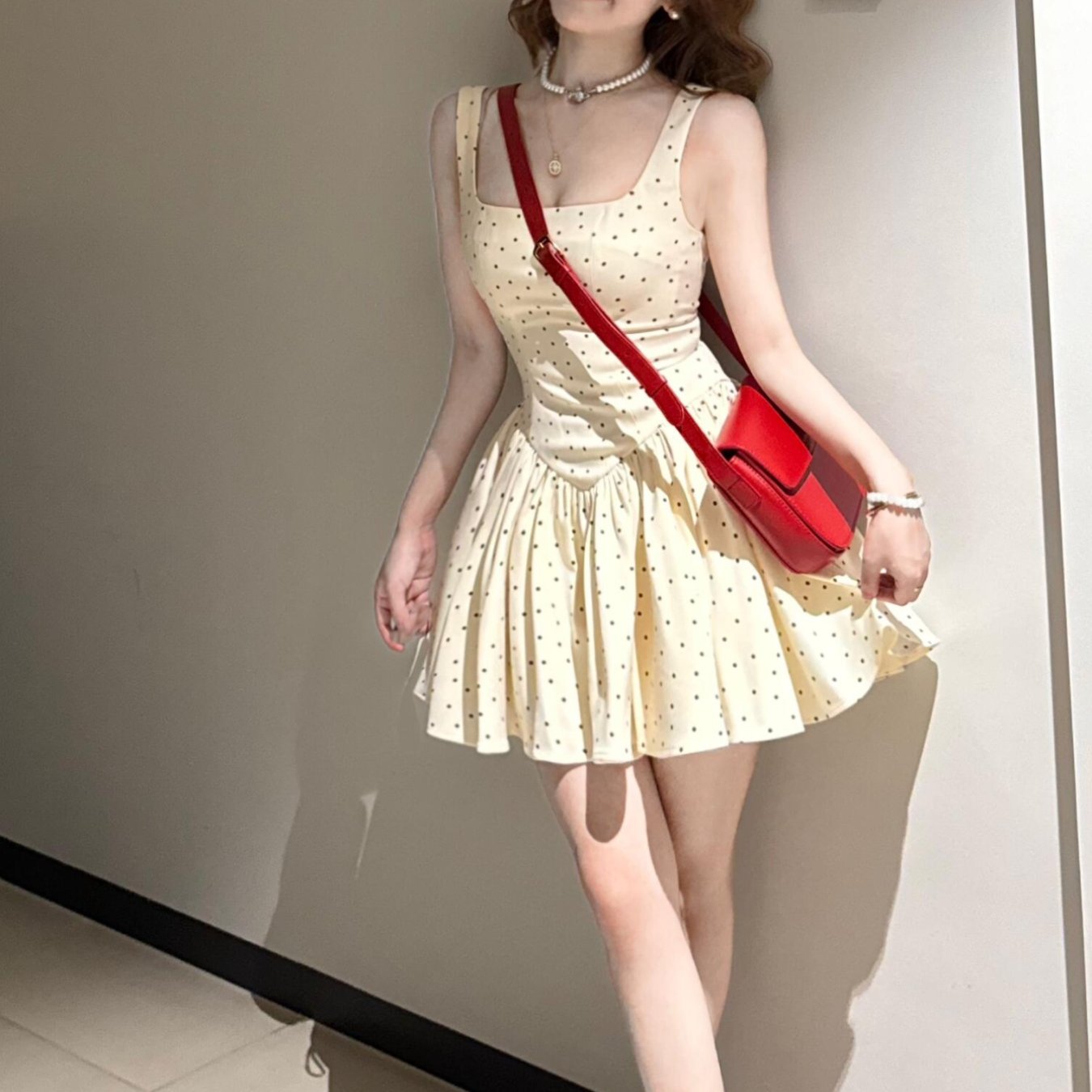 French Chic Dress Summer French-Inspired Polka Dot Dress | Elegant Square Neck Sleeveless Mini Dress for Women - Casual Chic Ruched Detail, Perfect for Petite Figures, 2025 Collection