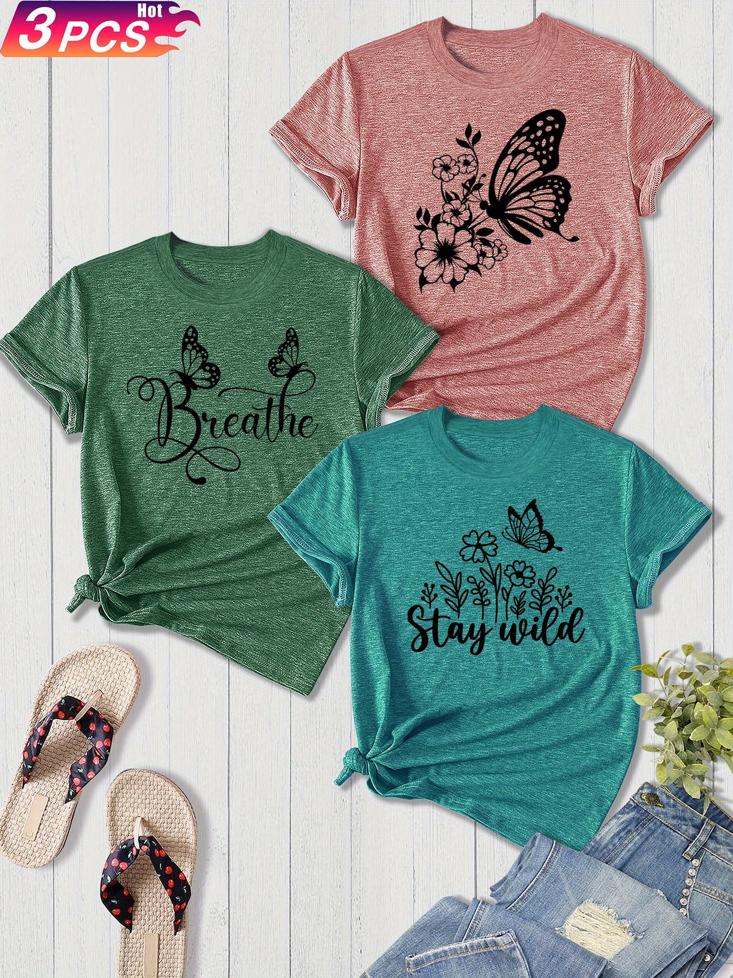 3-Pack Women'S Sister Family Clothing Summer Refreshing Day Retro Simple Elegant Butterfly Flower English Alphabet Printing Sports T-Shirt, Casual Crew Neck Short-Sleeved Top, Shot Polyester Blend, Perfect Choice for Gifts, Summer And Spring Clothing