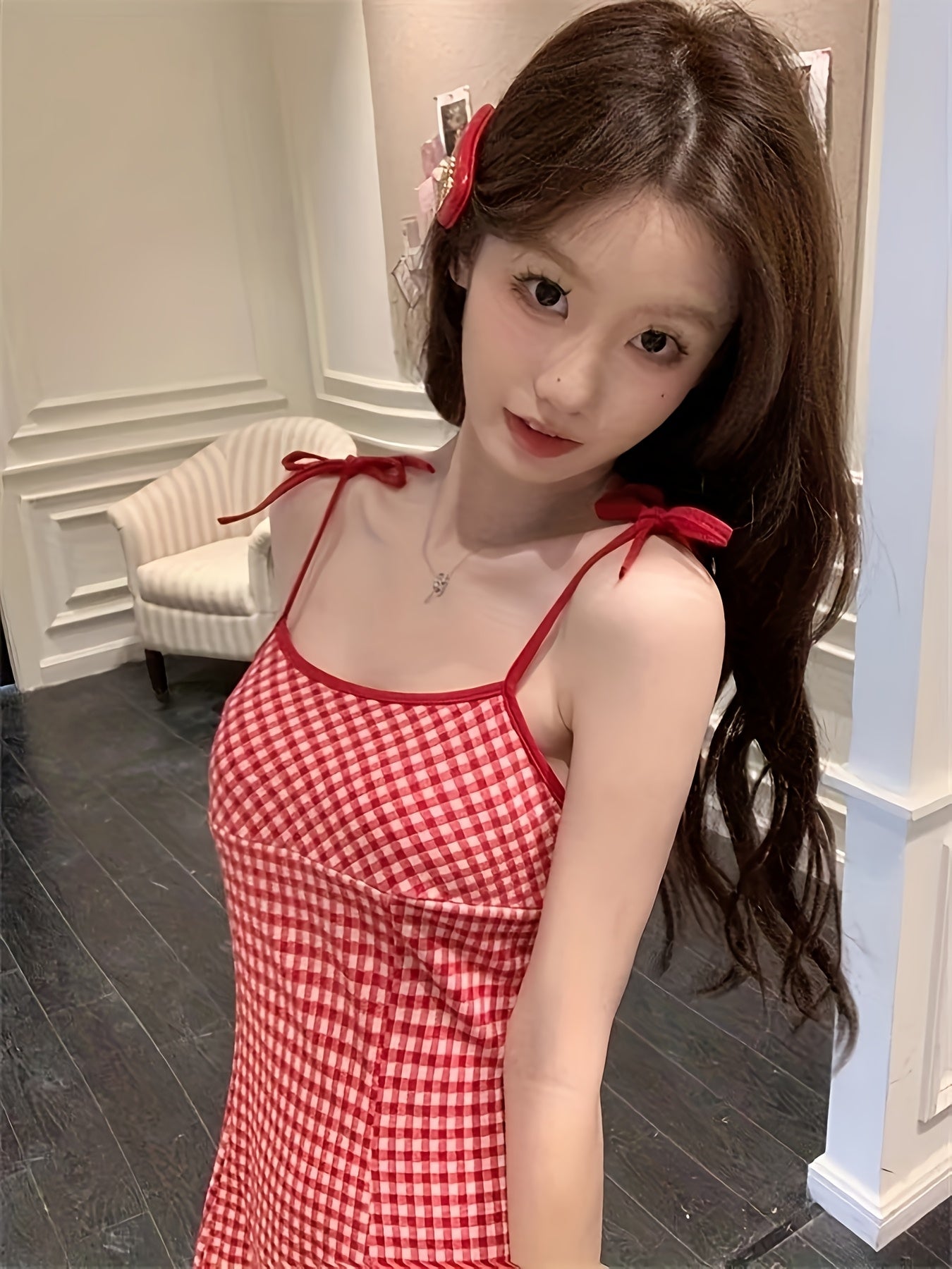 Women's Sweet Red & White Gingham Check A-Line Dress with Spaghetti Strap - Short to Mid-Length Flared Skirt, Round Neck Casual Summer Dress for Teens & Women, Machine Washable Outfit for Birthdays, Picnics & Casual Attire