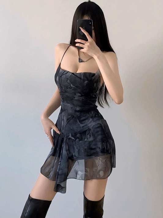 Women Summer Mini Cami Dress Sleeveless Open Back Cross Tie Up Mesh Spaghetti Strap Dress