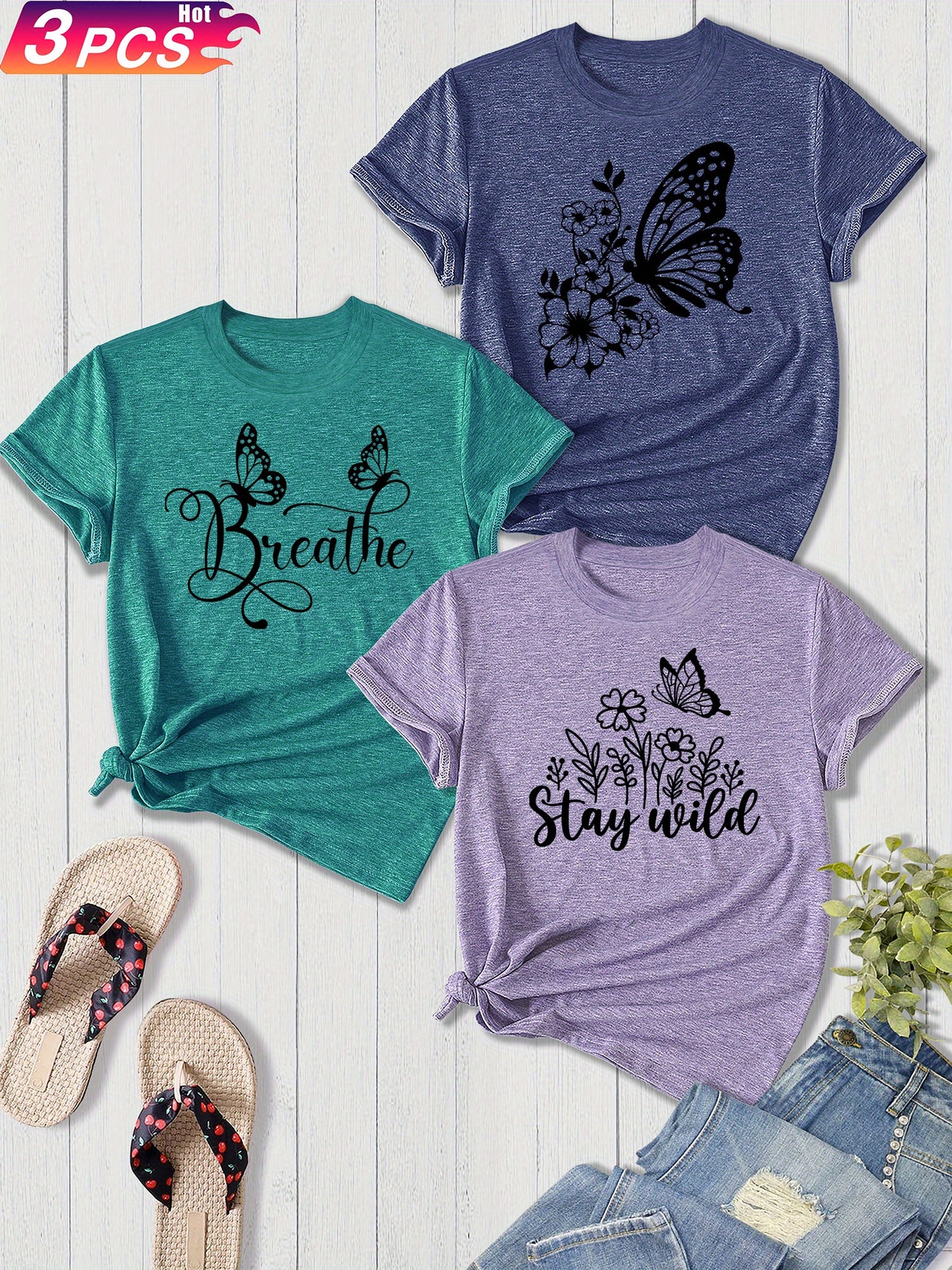 3-Pack Women'S Sister Family Clothing Summer Refreshing Day Retro Simple Elegant Butterfly Flower English Alphabet Printing Sports T-Shirt, Casual Crew Neck Short-Sleeved Top, Shot Polyester Blend, Perfect Choice for Gifts, Summer And Spring Clothing