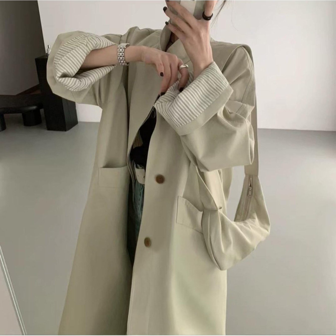 Women's Korean-Style Oversized Trench Coat - Beige with Dark Brown Button Closure, Belt-Accent Collar, All-Season Long Coat for Petite & Short Women, Casual to Professional Wear (Hand Washable, 2025 New Model) by Ding Darwin