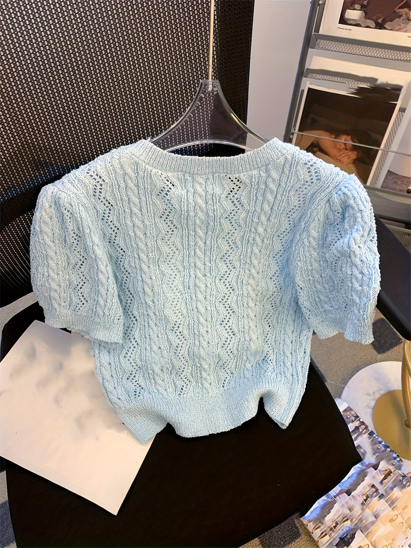 Elegant Lace Top Elegant Women's Light Blue Floral Lace Top | Short Sleeve Blouse with Puff Sleeves, Round Neck, and Delicate Embroidery for Spring\u002FSummer\u002FFall