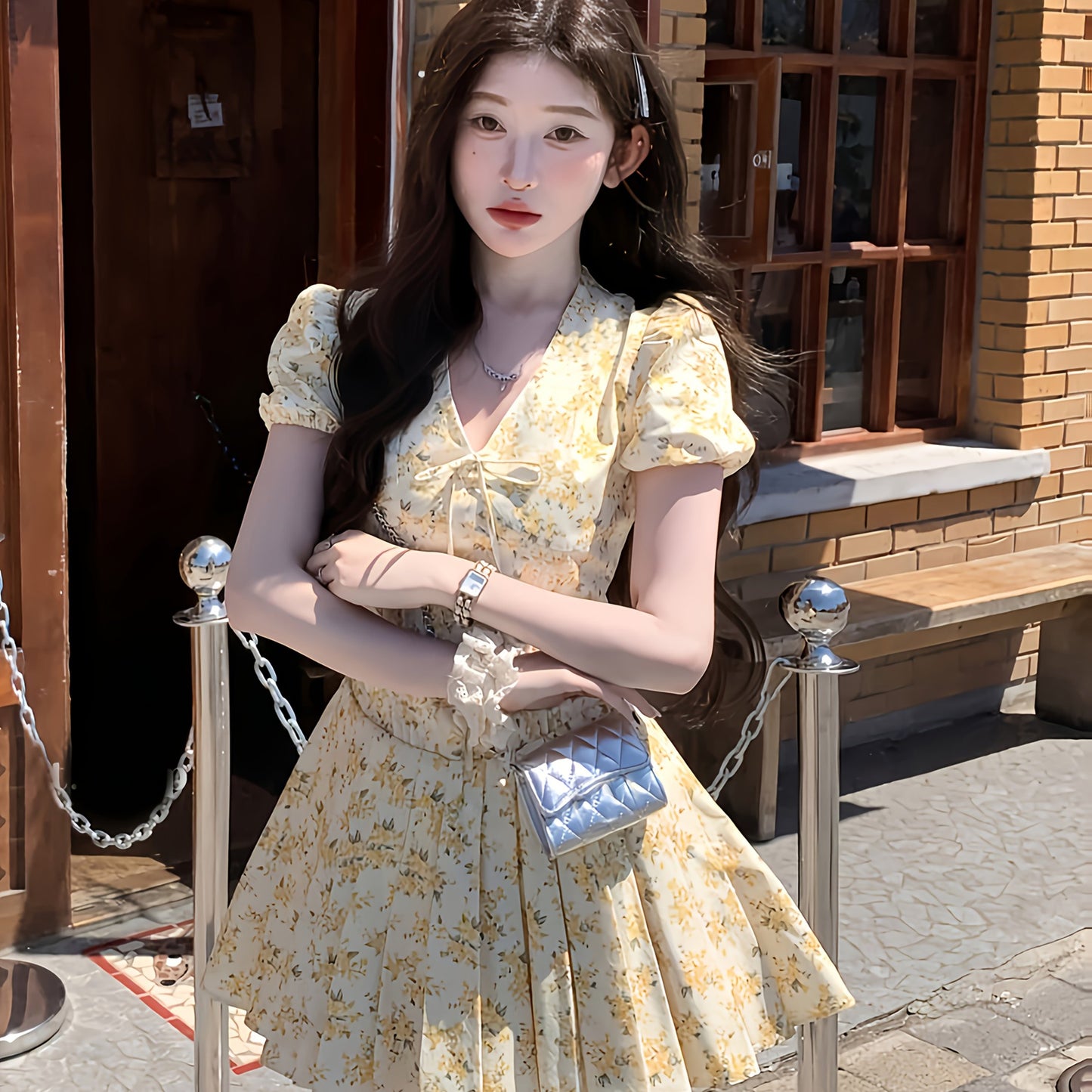 Women's Light Yellow Floral - V-Neck with Adjustable Waist Tie, A-Line Flared Skirt, Machine Washable Party & Everyday Dress for Brunch, Office, Formal Events - Non-See-Through Fabric, Elegant Skirts And Tops, Brunch Attire