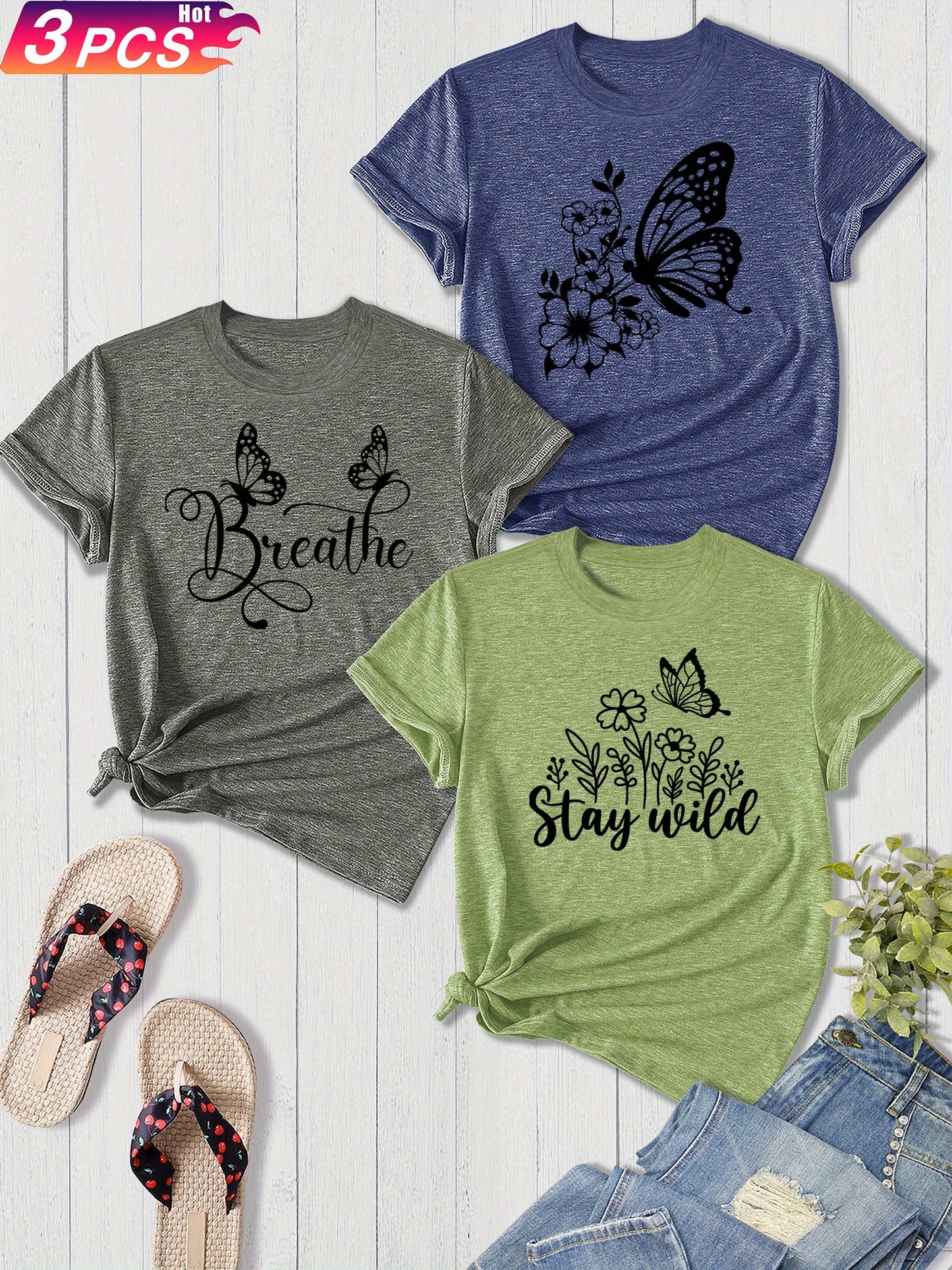 3-Pack Women'S Sister Family Clothing Summer Refreshing Day Retro Simple Elegant Butterfly Flower English Alphabet Printing Sports T-Shirt, Casual Crew Neck Short-Sleeved Top, Shot Polyester Blend, Perfect Choice for Gifts, Summer And Spring Clothing