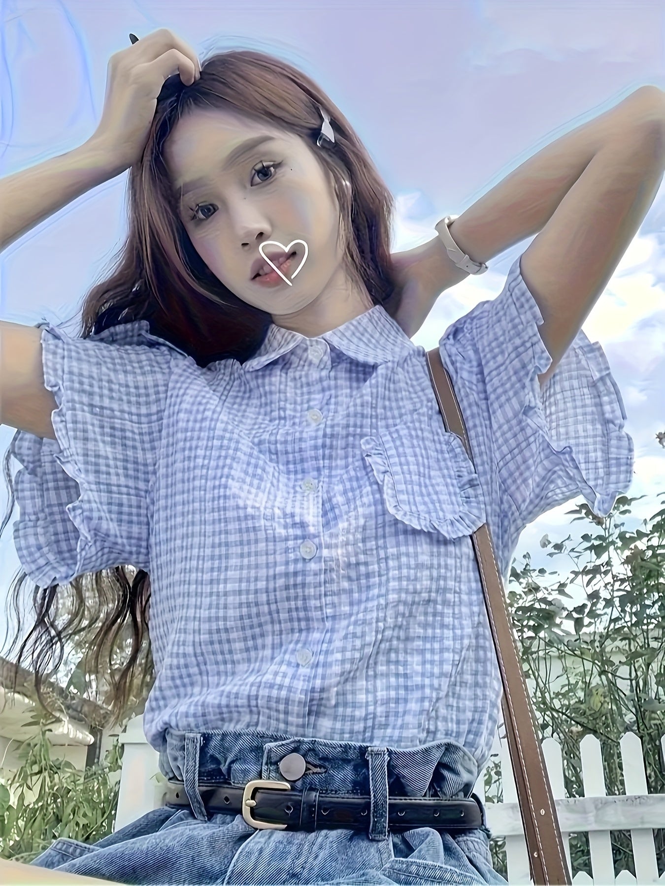 Chic Blue & White Gingham Short Sleeve Blouse with Ruffled Edges - Cute Crew Neck, Button-Up Shirt for Women, Perfect for Summer, Casual or Stylish Outfits, Ladies Blouses