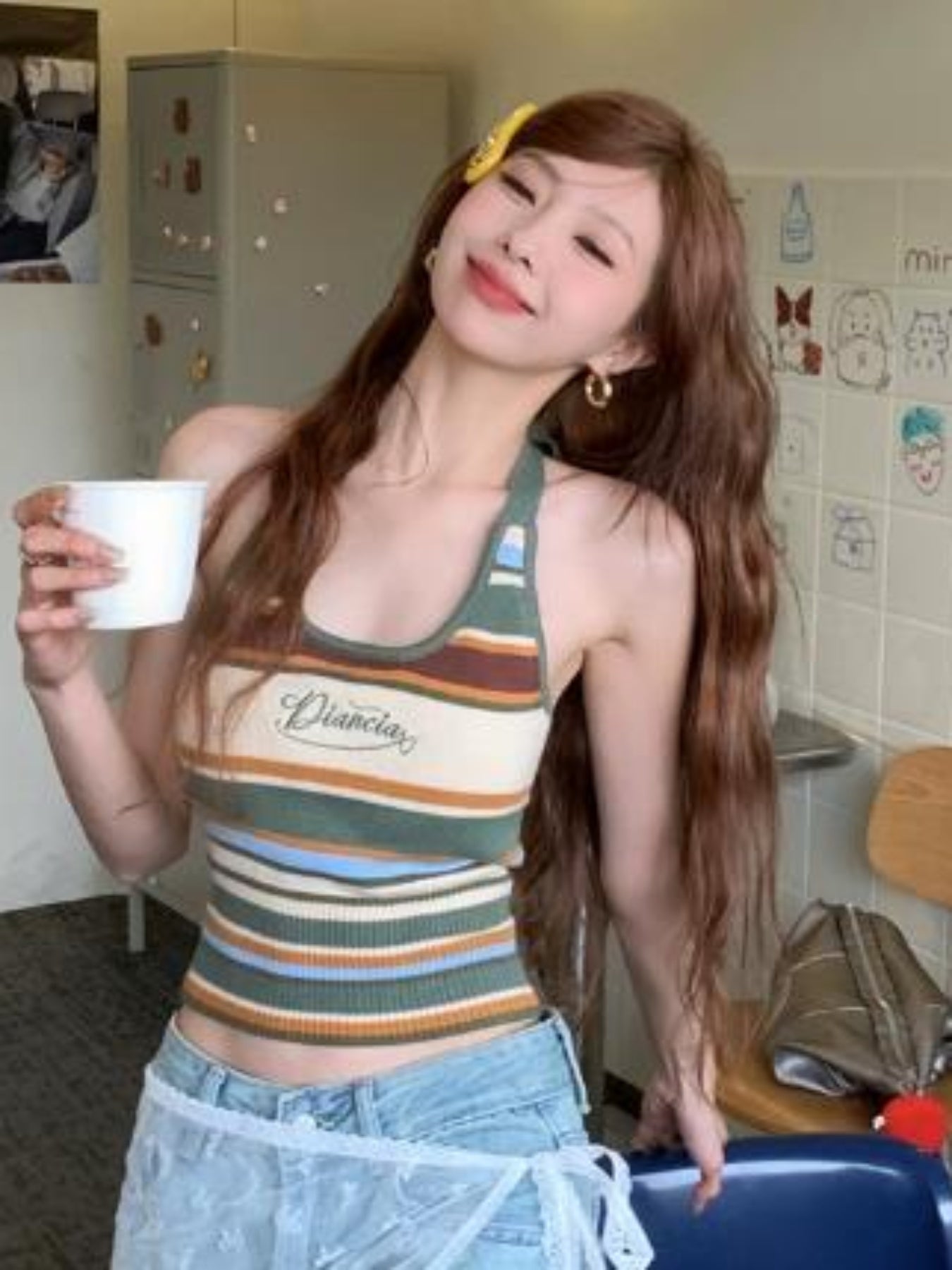 Women's Retro Halter Neck Cami Top - Open Back Knit Striped Tank with Multi-Color Block Design, Breathable Sleeveless Party & Casual Tops for Spring Summer Fall, Summer Fashion | Offshoulder Fashion | Soft Texture, Ladies Tank Tops