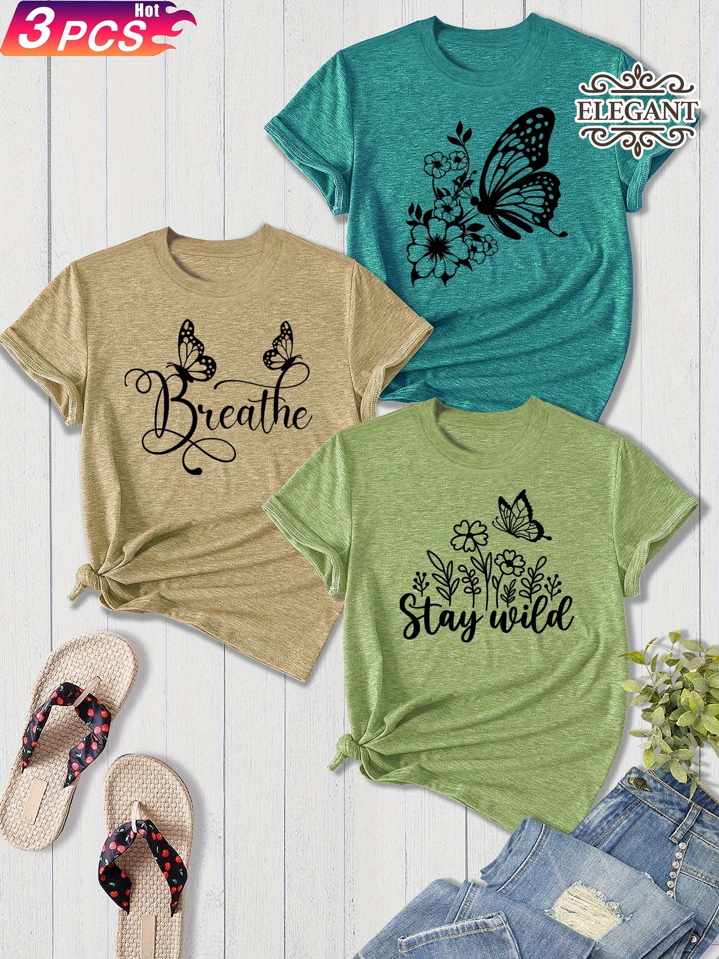 3-Pack Women'S Sister Family Clothing Summer Refreshing Day Retro Simple Elegant Butterfly Flower English Alphabet Printing Sports T-Shirt, Casual Crew Neck Short-Sleeved Top, Shot Polyester Blend, Perfect Choice for Gifts, Summer And Spring Clothing
