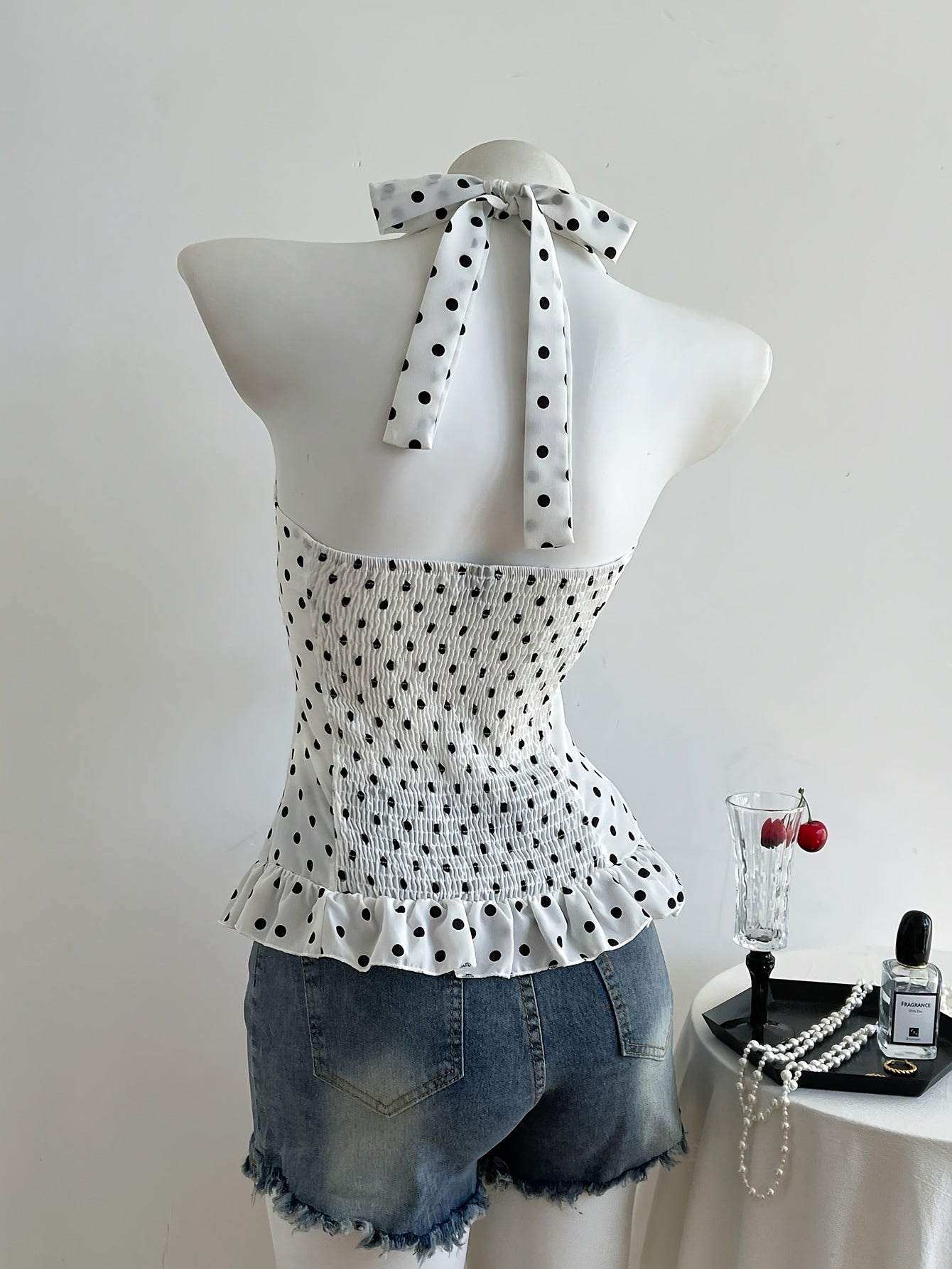Black & White Contrast Women's Summer Halter Top with Polka Dots & Ruffle Detail - Sleeveless, Asymmetrical Hem, Casual Beachwear, Beachwear Top | Ruffle Detail Top | Stretchy Fabric