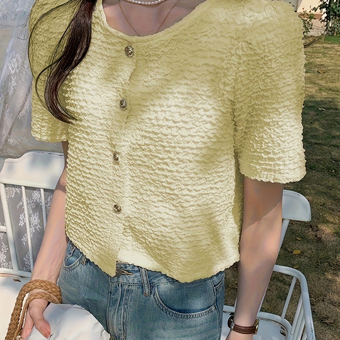 Summer New Unique And Beautiful Women'S French Style Shirt, Round Neck Short Sleeve, Button Up, Regular Fit, No Belt, No Padding, for Spring\u002FSummer\u002FFall