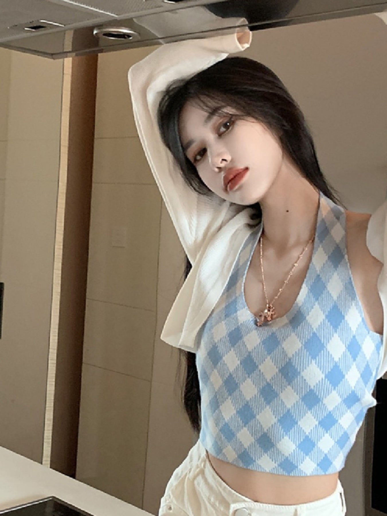Women's Red and White Gingham Halter Crop Top - Sleeveless, Backless, Asymmetrical Cut, Summer Streetwear Tank Top, Ladies Tank Tops
