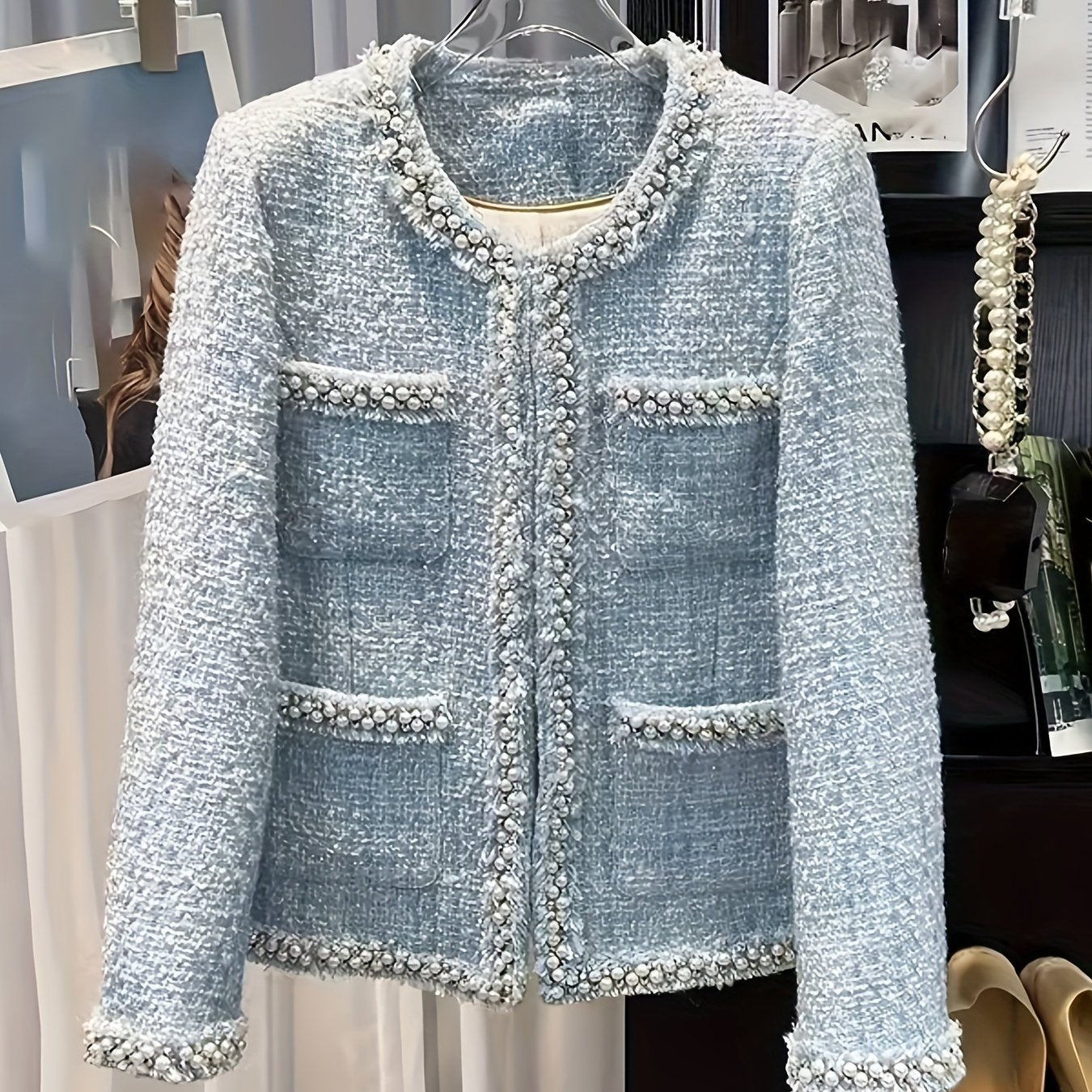New Blue Round-Neck Jacket, French Style, Embellished with Handcrafted Beads, Versatile And Stylish Top, Model 220886-5.