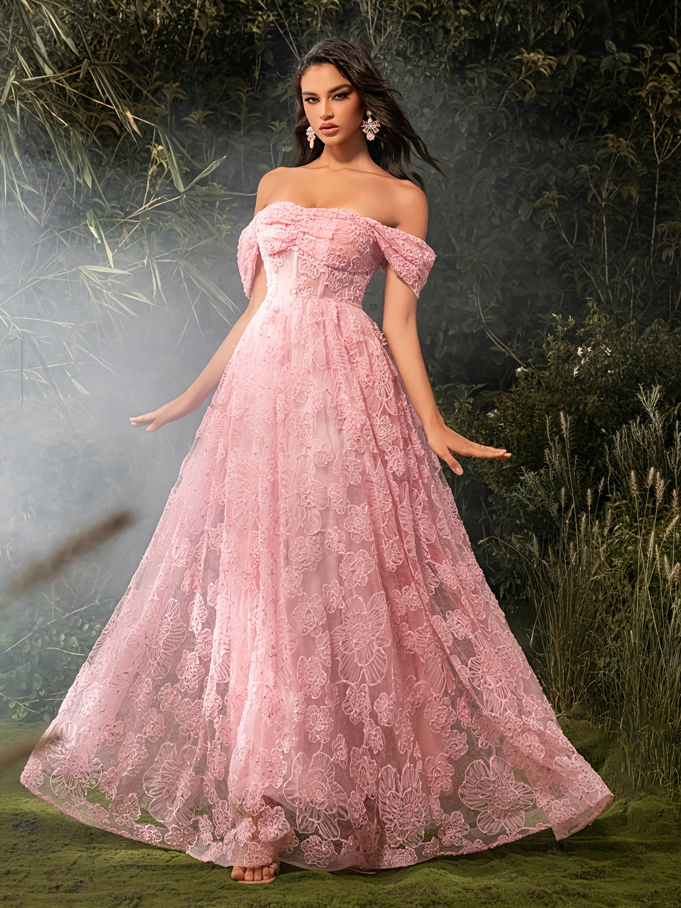 Elegant Off-Shoulder Pink Floral Mesh Gown with Ruffled Sleeves and Train - Perfect for Weddings, Parties, and Formal Events, Formal Event Dress | Offshoulder Dress | Polyester Fabric