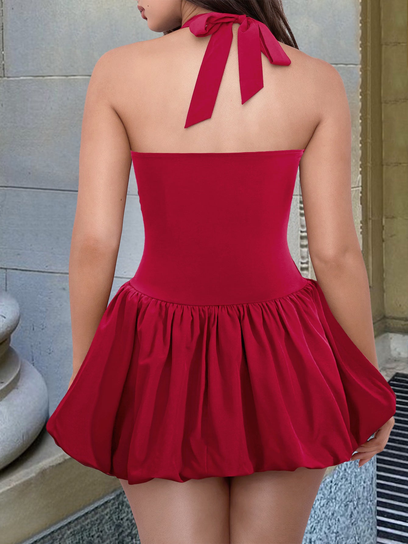 Elegant Halter Neck Dress Elegant Red Halter Neck Mini Dress | Asymmetrical Hem, Ruffled Waist, Sleeveless - Polyester, Solid Color, Spring\u002FSummer\u002FFall Fashion, Women's Attire