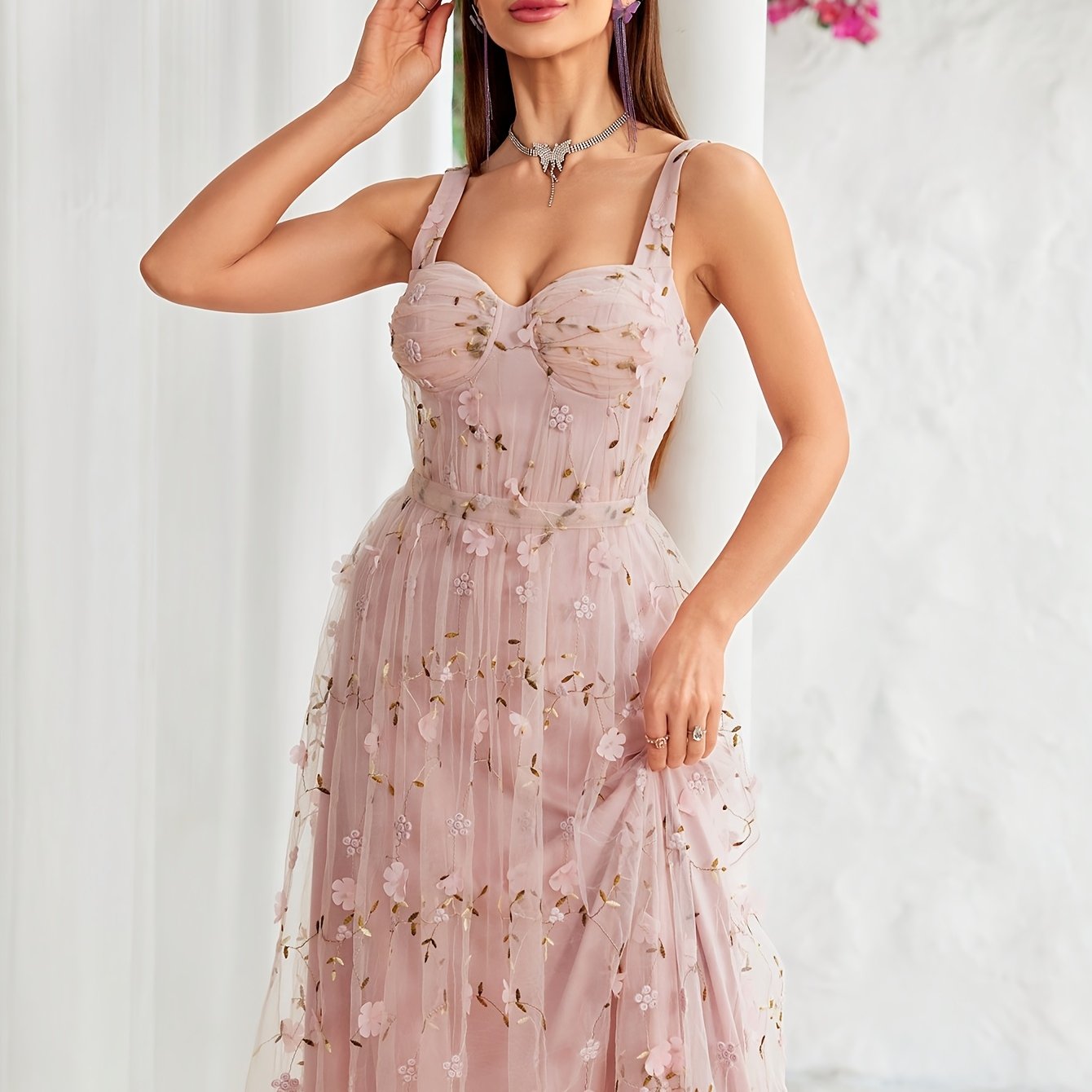 Women's Elegant Off-Shoulder 3D Floral Embroidery Dress with Lace Panels, Waist Folds & Flared A-Line Long Skirt - Hand Wash Only, All-Season Formal & Casual Wear, Special Occasion Gown, Sophisticated Style, Highquality Embroidery