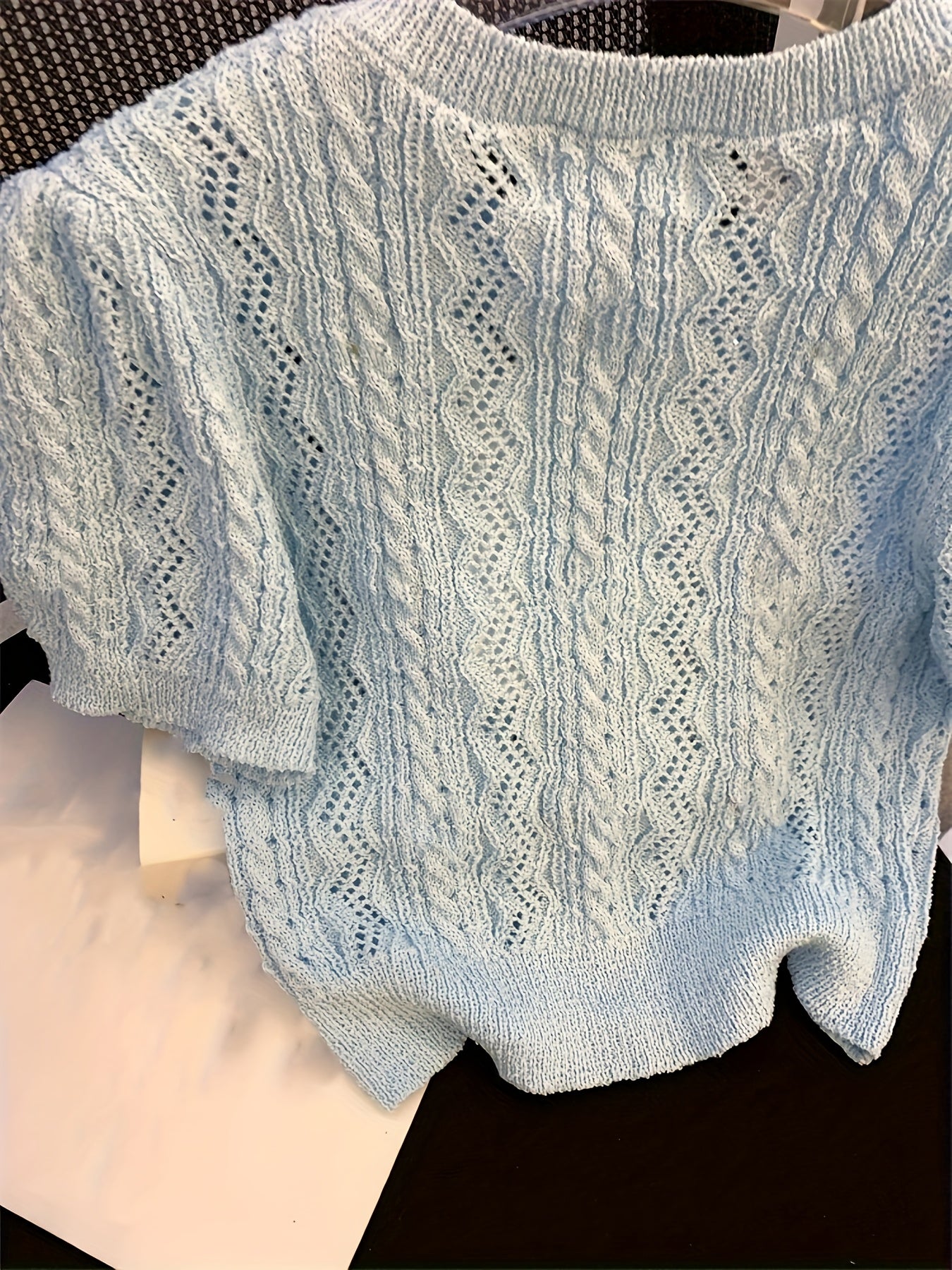 Elegant Lace Top Elegant Women's Light Blue Floral Lace Top | Short Sleeve Blouse with Puff Sleeves, Round Neck, and Delicate Embroidery for Spring\u002FSummer\u002FFall