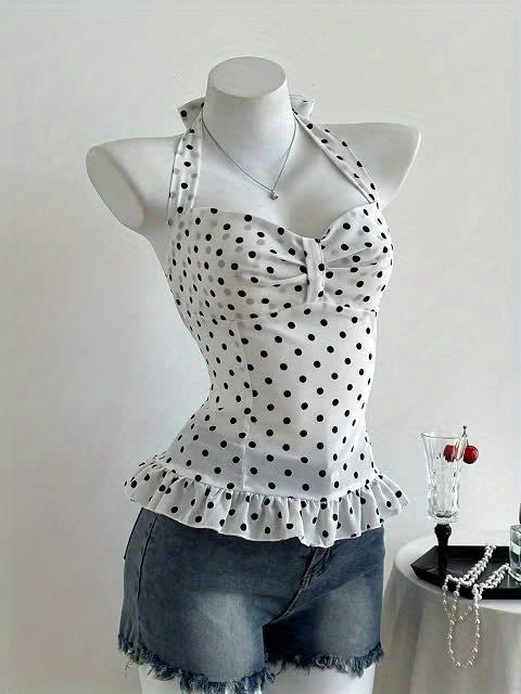 Black & White Contrast Women's Summer Halter Top with Polka Dots & Ruffle Detail - Sleeveless, Asymmetrical Hem, Casual Beachwear, Beachwear Top | Ruffle Detail Top | Stretchy Fabric