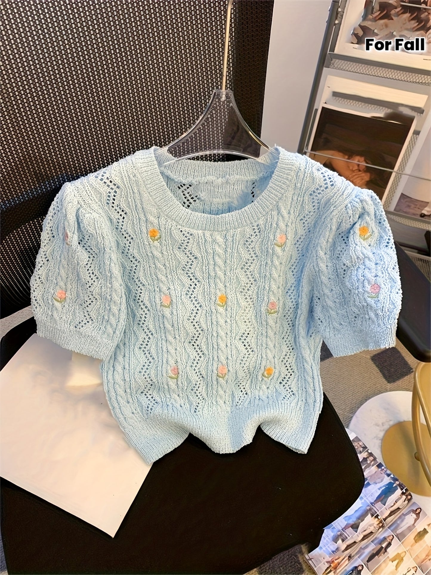 Elegant Lace Top Elegant Women's Light Blue Floral Lace Top | Short Sleeve Blouse with Puff Sleeves, Round Neck, and Delicate Embroidery for Spring\u002FSummer\u002FFall
