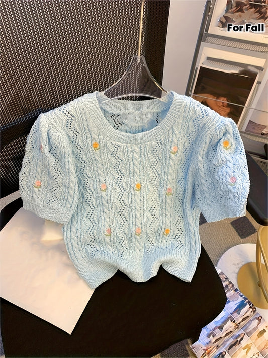 Elegant Lace Top Elegant Women's Light Blue Floral Lace Top | Short Sleeve Blouse with Puff Sleeves, Round Neck, and Delicate Embroidery for Spring\u002FSummer\u002FFall