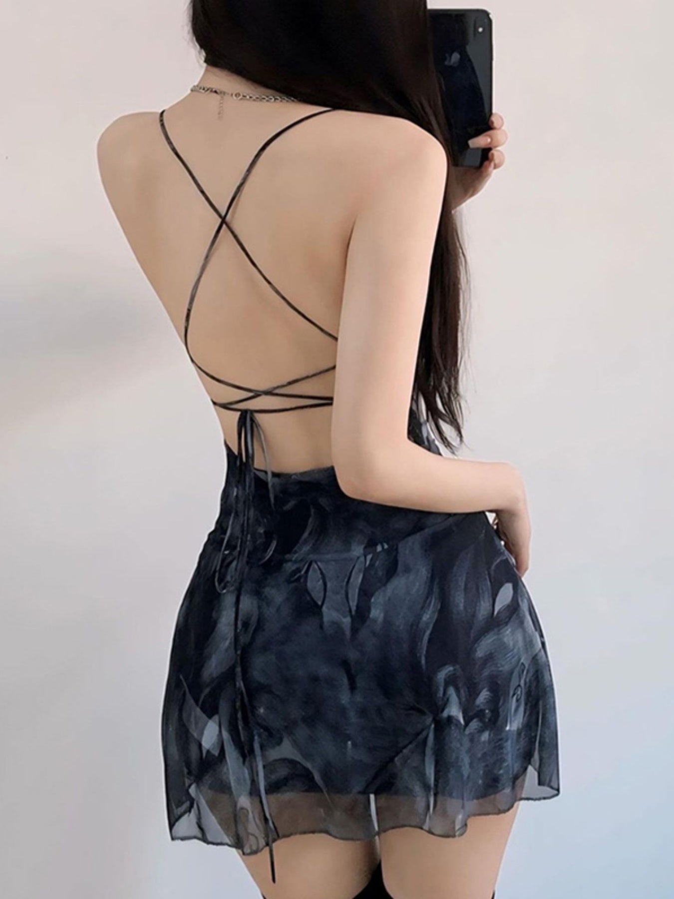 Women Summer Mini Cami Dress Sleeveless Open Back Cross Tie Up Mesh Spaghetti Strap Dress