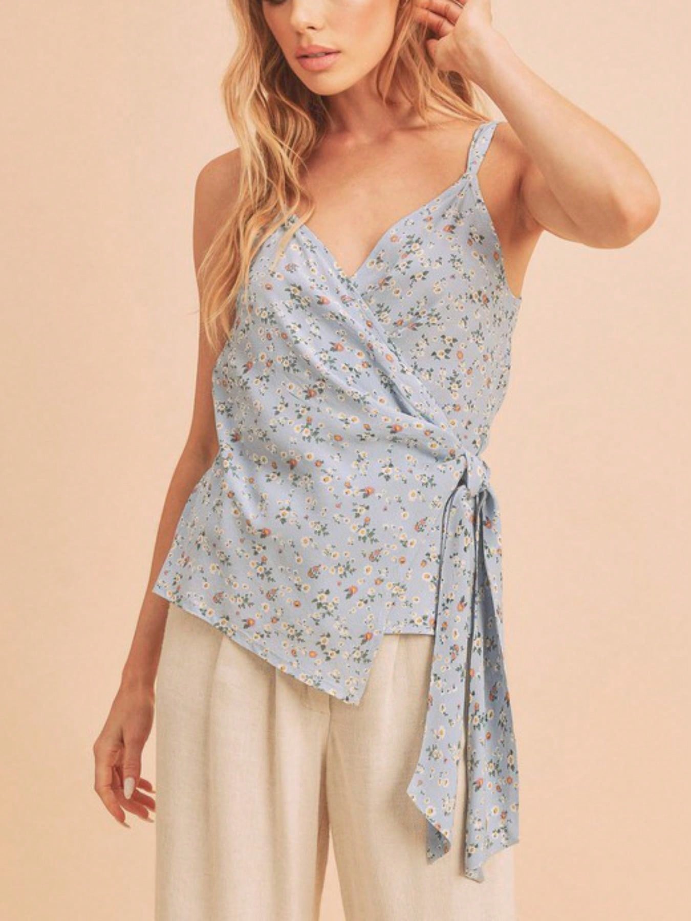 Womens Casual Floral Print Chic Wrap Side Tie Asymmetrical Cami Top Sleeveless V Neck Light Blue Ditsy Pattern Summer Spring Daily Wear Lightweight Breathable Elegant Feminine Tank Blouse