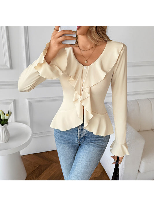 Women's Slim-Fit Ruffled Blouse - Elegant Smock Neck T-Shirt with Ruffle Collar & Short Sleeves, Solid Beige ( White) Top for Spring\u002FFall, Machine Washable Shirt for Casual & Formal Wear